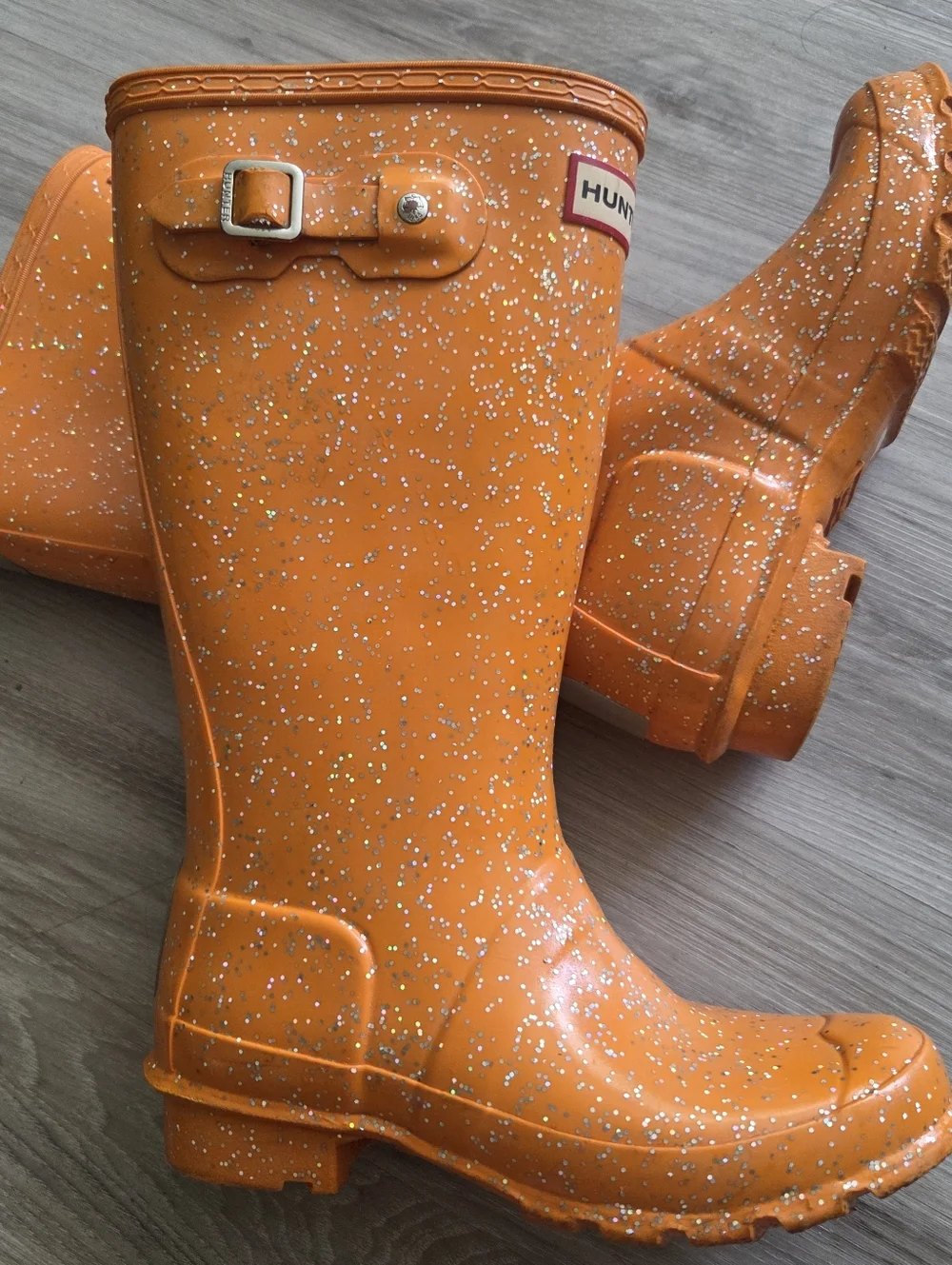 Hunter Kids Tall Rubber Rain Boots Orange Glitter Little Girl‎ Size US 3